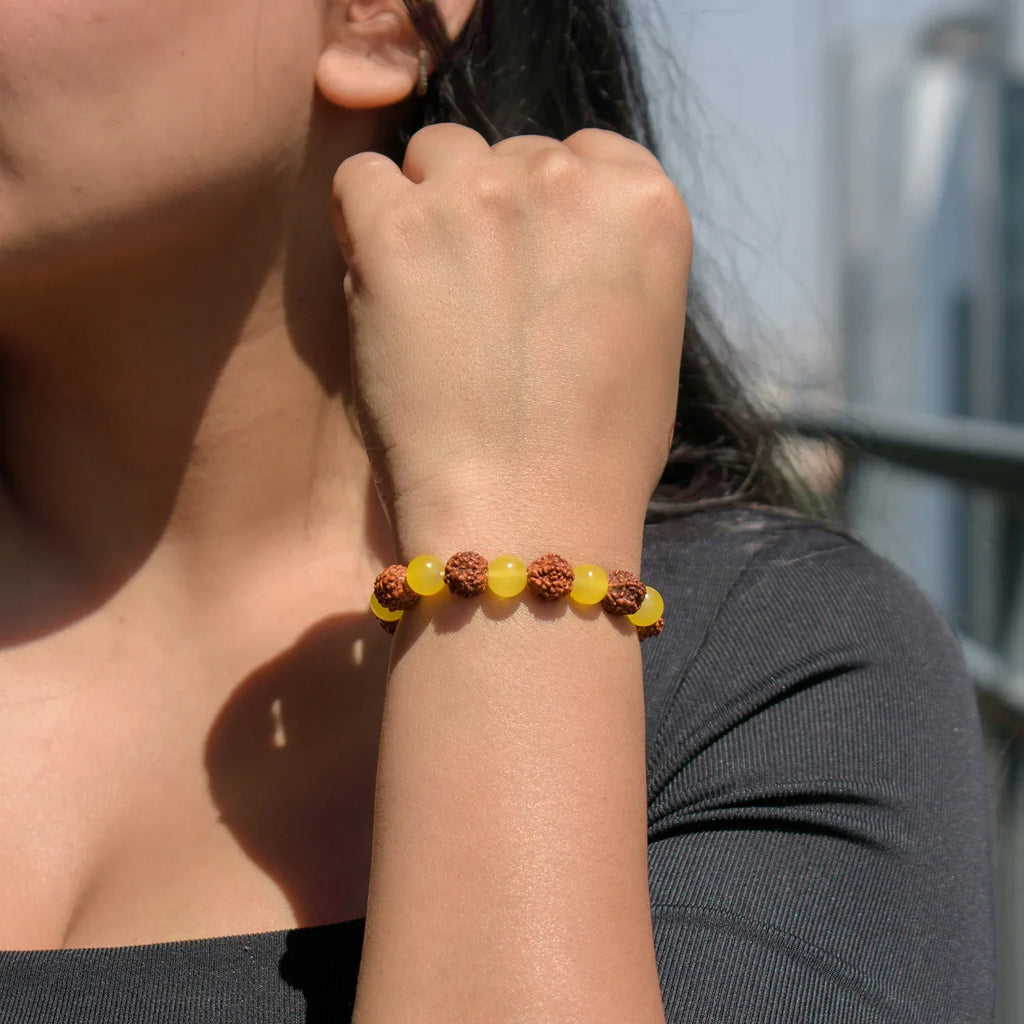 Kashi Siddh Yellow Aventurine Bracelet with 5 Mukhi Rudraksha