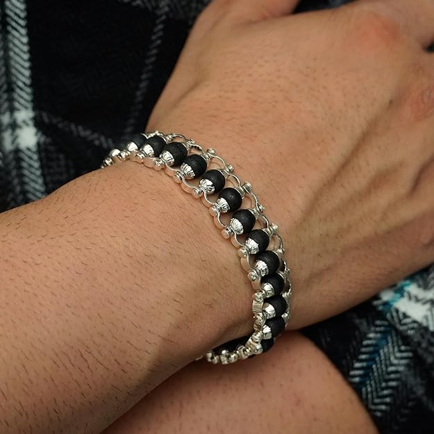 Silver Plated Karungali Modern Bracelet - Natural Ebony Wood