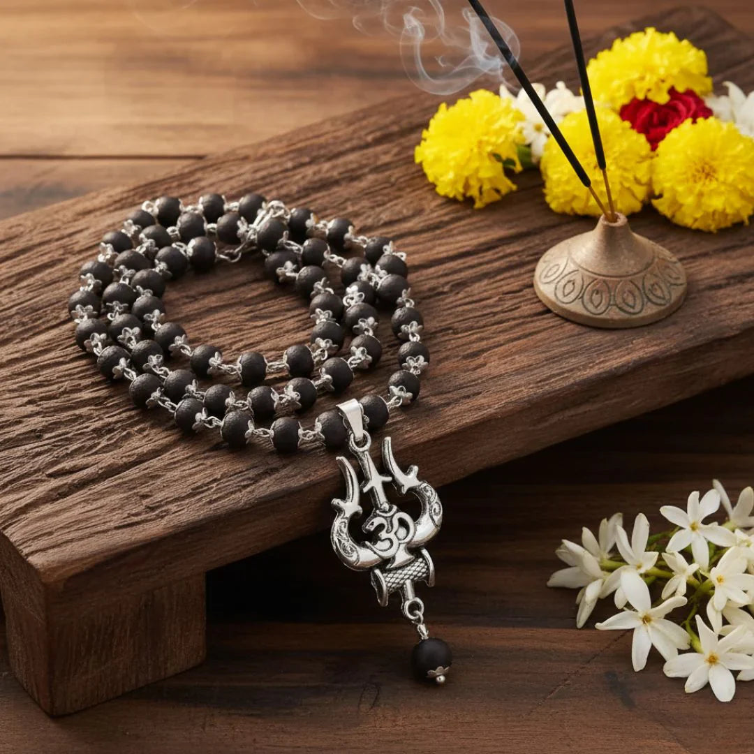 Original Karungali OM Shiva Trishool Mala for Men & Women | Certified Ebony Wood Spiritual Necklace for Meditation, Protection, Energy Healing & Shiva Bhakti"