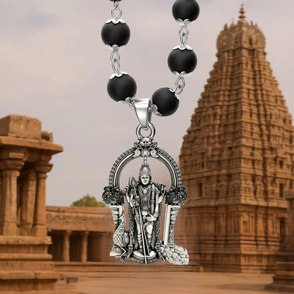 Karungali Mala for Protection & Energy Healing – Lord Murugan Locket Silver Capped Lord Murugan Pendant